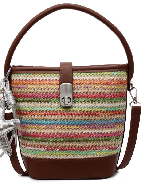 Bolso tejido femenino 2025 nuevo bolso de mensajero de diseño de nicho bolso de cubo de estilo occidental portátil a rayas de color de contraste popular