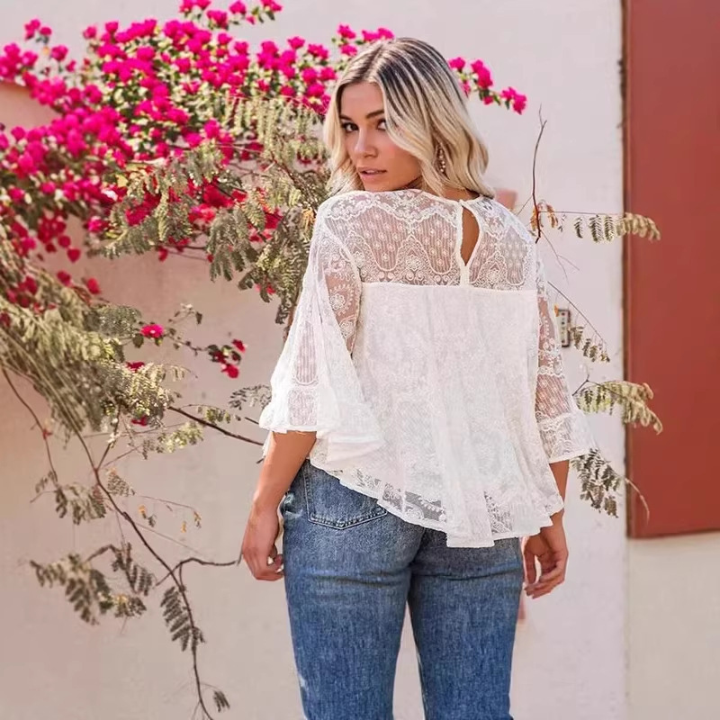 Cross-Border Round-Neck White Lace Patchwork Chiffon Blouse with Three-Quarter Flared Sleeves, French-Style Gentle and Elegant Versatile Top for Women Cross-Border Round-Neck White Lace Patchwork Chiffon Blouse with Three-Quarter Flared Sleeves, French-Style Gentle and Elegant Versatile Top for Women