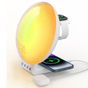 Three-in-one 15W wireless charging colorful wake-up light analog Sunrise Sunset alarm clock atmosphere light white noise Children's light