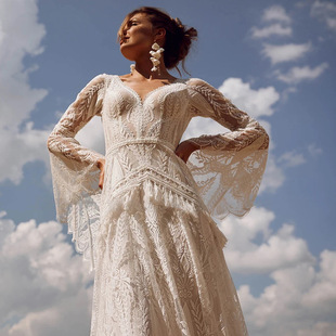 Wedding dress women lace wedding dress v-neck long sleeve backless party dinner dress gown