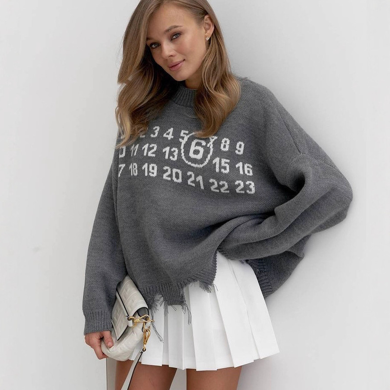 Aliexpress Hot Selling Niche Design Digital Embroidery Lazy Style Draped Hem Ragged Round Neck Pullover Sweater for Women