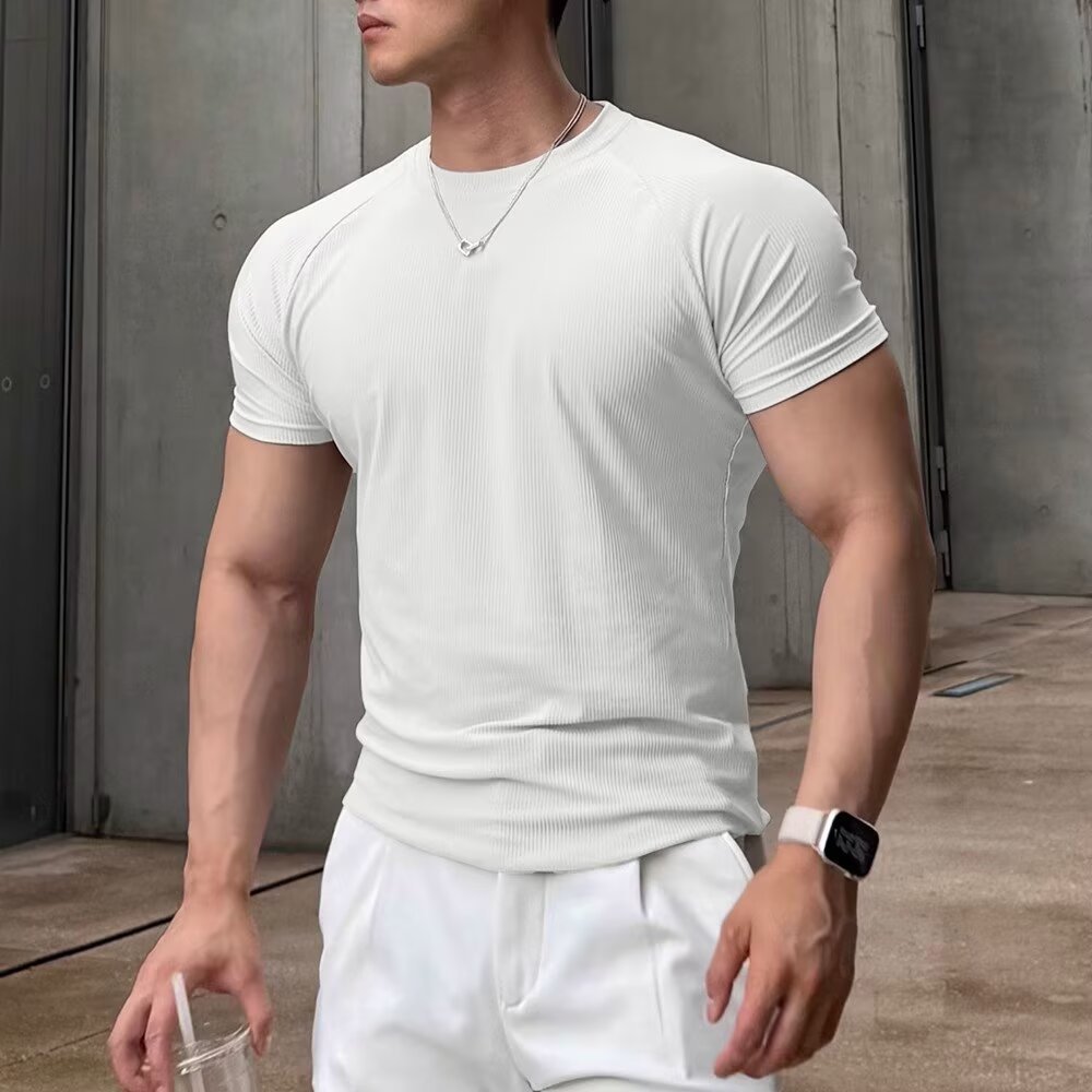 Men's Performance Stripped T-Shirt – Quick-Dry Stretch Muscle Tee With Raglan Sleeves For Gym & Streetwear (Gray, White, Black)_voghion.com