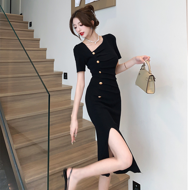 Cross-Border Stylish Knitted Dress 2025 Summer New Asymmetrical Diagonal Neckline Slit Slimming Pencil Skirt for Women