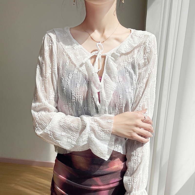 设计感荷叶边长袖针织开衫女薄款罩衫配吊带裙外搭披肩防晒衣外套