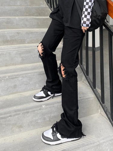 Black Knee-Hole Denim Jeans for Men - Summer Thin Cleanfit Pants with Frayed American Bent-Knife Tapered Pants