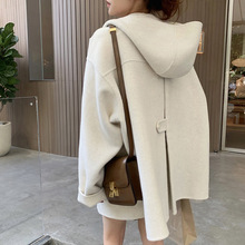 米色连帽双面羊绒大衣女短款2025秋冬新款宽松小个子毛呢外套