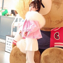 牛仔外套女加绒短款宽松粉色棉衣冬季仿大毛领甜美糖果色棉服