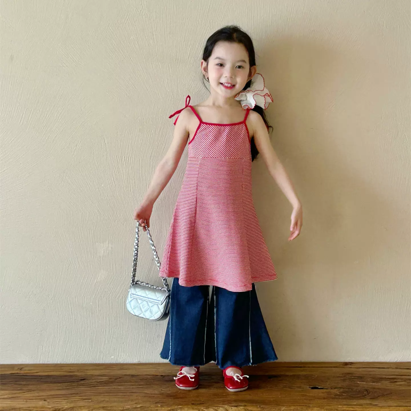 2025夏季新款 女童吊带裙套装儿童洋气背带裙+牛仔喇叭裤两件套