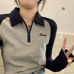 アメリカ式の衝突色のpoloの襟の修身はやせている長袖のtシャツの女性の秋の中で底のシャツのギャルの短い上着を掛けます。