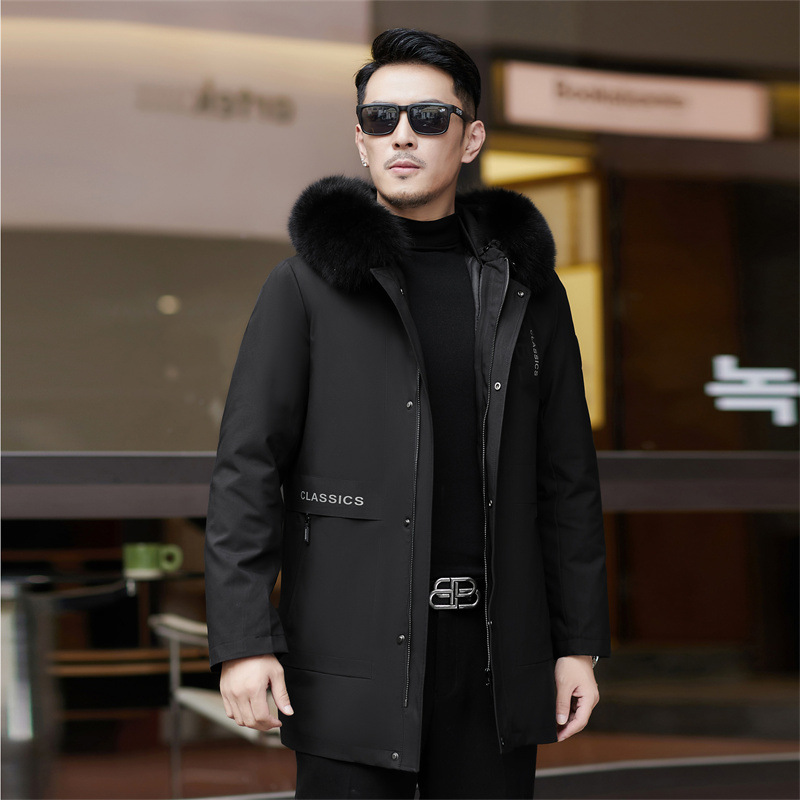 高档男士狐狸毛领派克服冬新款加厚保暖兔毛内胆中年爸爸休闲外套