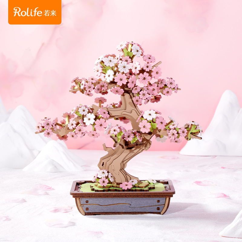 Rollife Ruo Lai 3D 3D Puzzle Árbol de cerezo Pino Madera Juguete Modelo de ensamblaje Bloques de construcción Hecho a mano Adulto Mujer