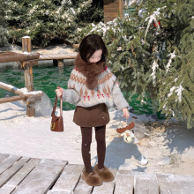 冬季儿童女童洋气圣诞新年童毛衣加厚费尔岛毛衣咖色加绒短裙套装