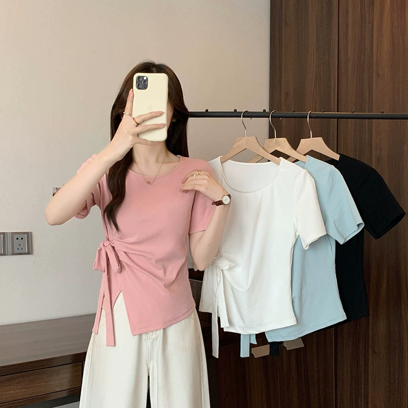 2025 новая летняя одежда для полных женщин больших размеров в корейском стиле, рубашка с круглым вырезом, асимметричным кроем, коротким рукавом, синего цвета