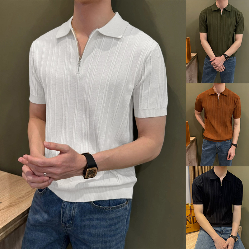 Polo camiseta de punto camiseta de manga corta hombre solapa media cremallera rayas viejas camisetas de hielo de viento de verano fábrica transfronteriza al por mayor
