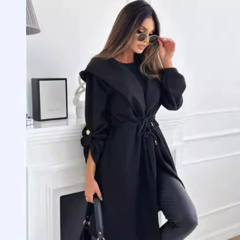 2024, европейская и американская осенне-зимняя новая элегантная модная ветровка с лацканами и шнурком, длинная однотонная шерстяная верхняя одежда, женская одежда на талии