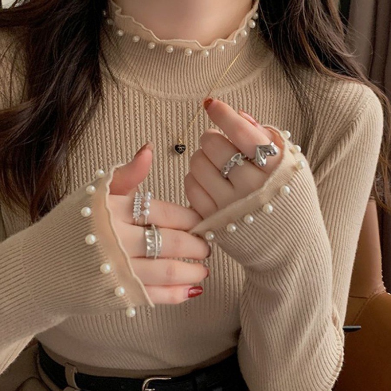 女性用レースボトムシャツ、2025年春秋新作スタイルセーター、女性用タートルネックトップ、小香風セーター