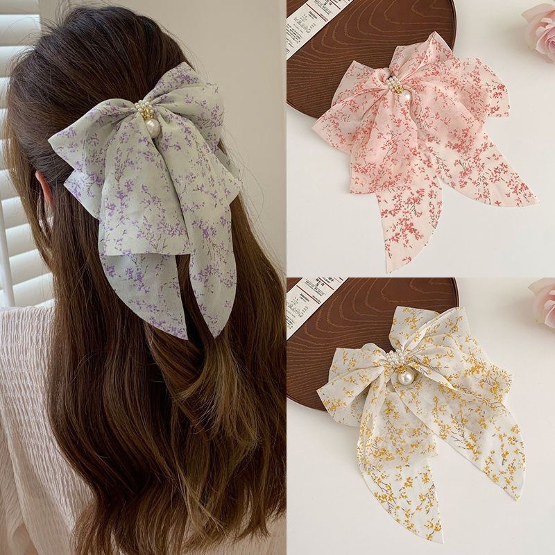 Chiffon floral pearl pendant bow hairpin back head temperament ins style spring clip top clip hair accessories wholesale