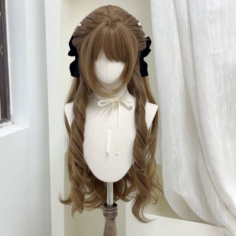 Wig for Women, Japanese-Style Long Curly Hair, Lolita Style, Honey Tea Color, Natural-Looking, Full Head Wig