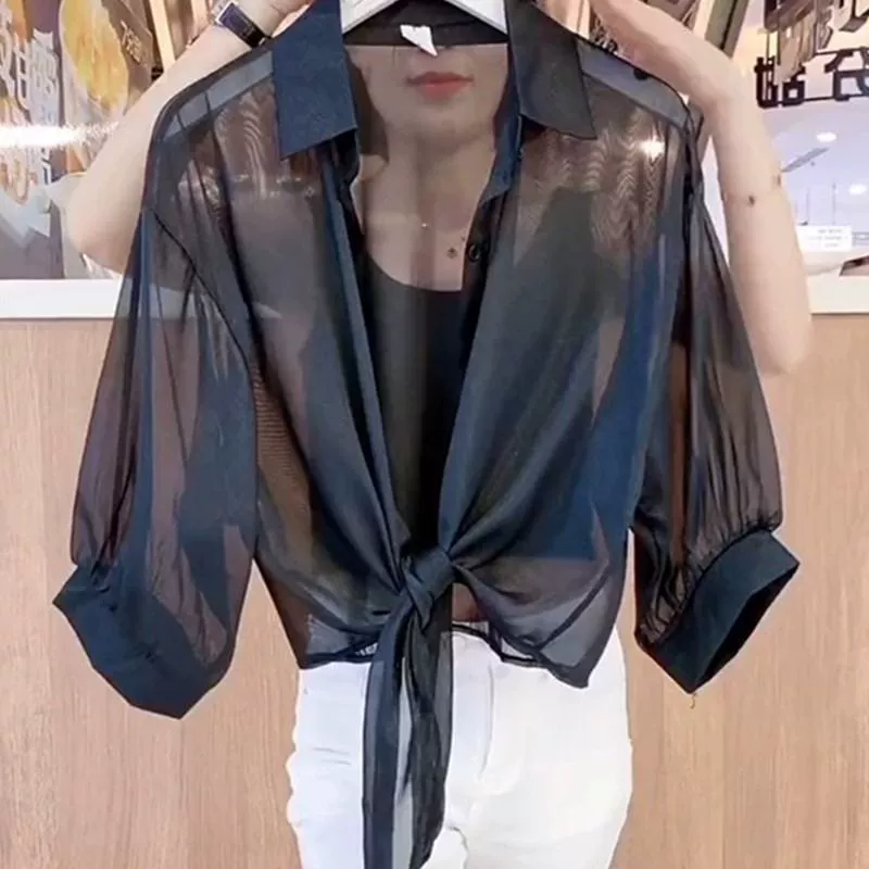 Маленькая шаль 2024, летний кардиган с защитой от солнца, шифоновая рубашка, топ с блузкой на подтяжках, тонкий стиль