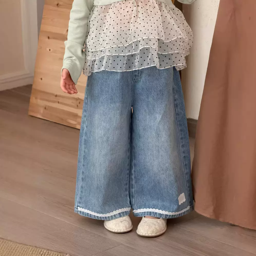 一麦田季春秋女童韩版蕾丝花边牛仔裤儿童洋气牛仔直筒裤宝宝长裤