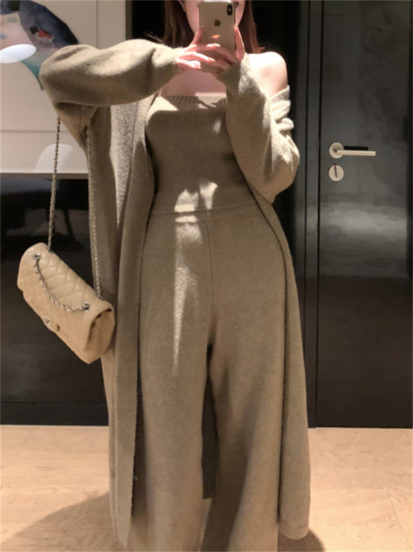 秋冬新款跨境外贸时尚针织套装女宽松慵风懒抹胸直筒裤毛衣三件套|undefined