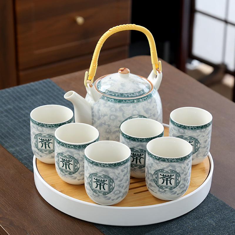 Tetera, bandeja para té, porcelana azul y blanca, tetera de kung fu con asa, juego de té para el hogar, bandeja, una tetera y seis tazas, mesa de té, ceremonia del té.