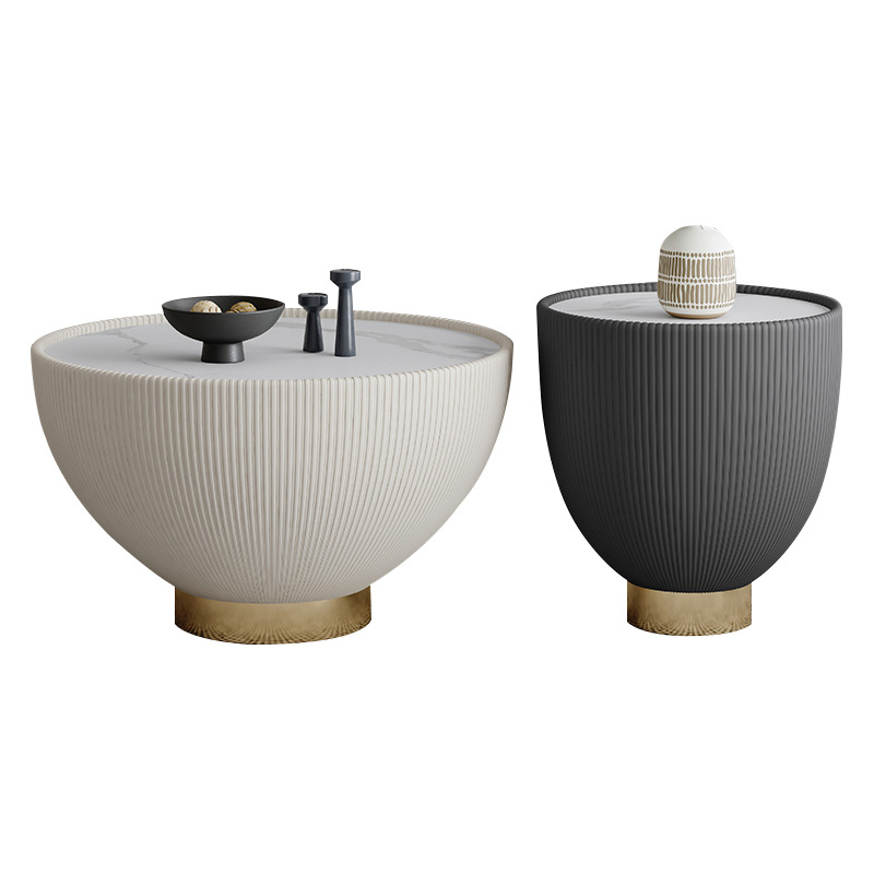 Mesa de centro de sala de estar moderna de lujo ligero nórdico, tamaño de apartamento pequeño doméstico, placa de roca redonda en forma de cuenco, mesa de centro pequeña redonda, estilo crema