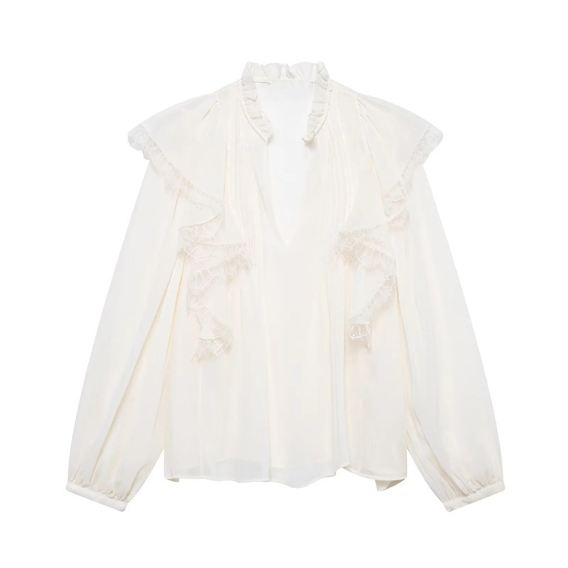Batch Spring New Women's Clothing Design Sense Fashion Lace Laminated Decorative Temperament V-Neck Long-Sleeved Translucent Shirt