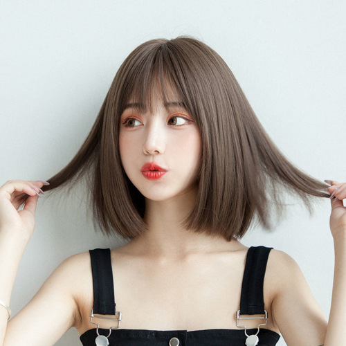 Female Internet celebrity bobo short straight hair temperament buckle Korean girl full headgear hair cover air bangs fake headgear