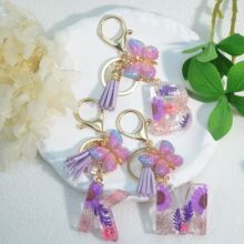 英文小字母树脂水晶滴胶亮片钥匙扣紫色蝴蝶流苏挂坠女士包挂件挂
