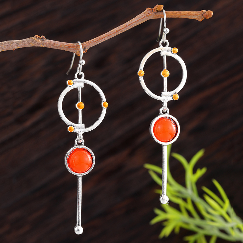 Vintage Long Orange Gemstone Distinctive Earrings Elegant Southern Red Agate Alloy Pendant Earrings Women's Jewelry