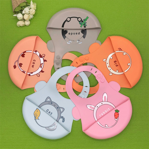Baby Food-Grade Silicone Meal Pouch Children's Eating Pouch Waterproof Wash-Free Cartoon Bib Adjustable Drool Pouch