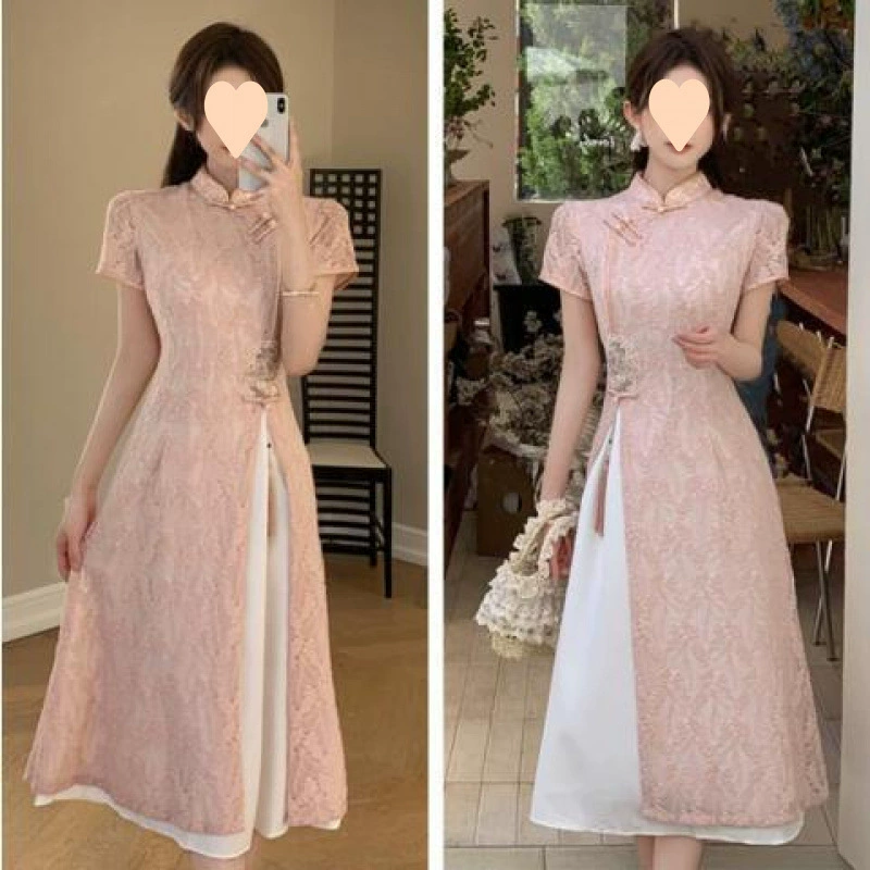 Розовое кружевное женское платье Cheongsam для полных девушек, новое летнее платье большого размера в китайском стиле, девчачье элегантное улучшенное платье Aodai