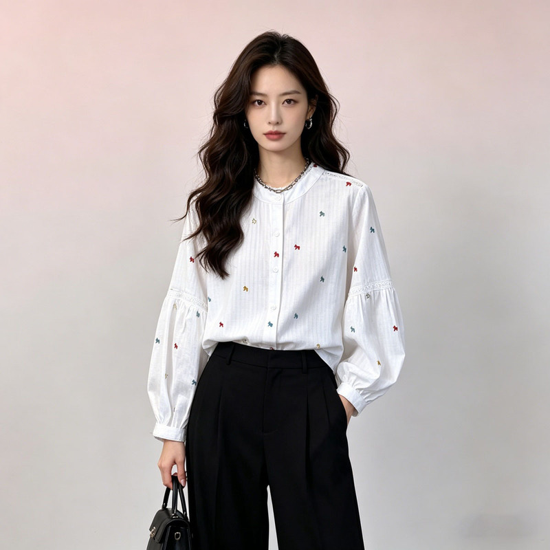 Versatile plus-size loose-fitting white shirt with pony embroidery, long sleeves, lace collar, women's commuter spring new top Versatile plus-size loose-fitting white shirt with pony embroidery, long sleeves, lace collar, women's commuter spring new top