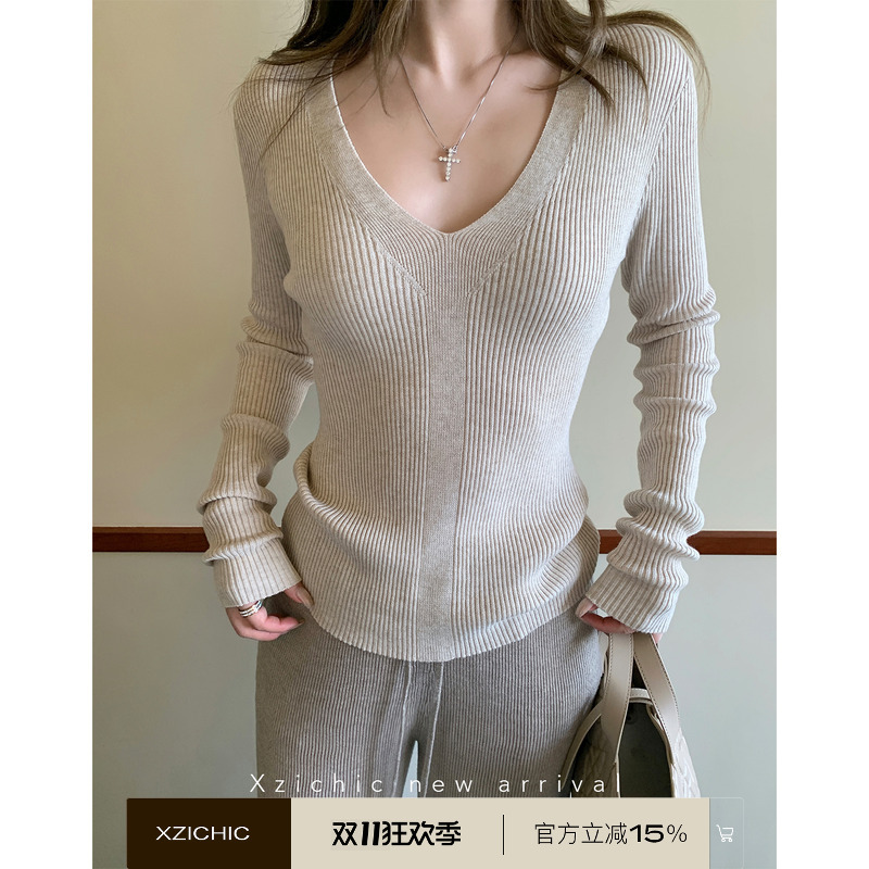 Korean Style Exquisite Slim-Fitting Knitwear Long-Sleeved Knitwear Women's Winter Elegant V Neck Flesh-Covering Knitwear Bottoming Shirt Top Wholesale
