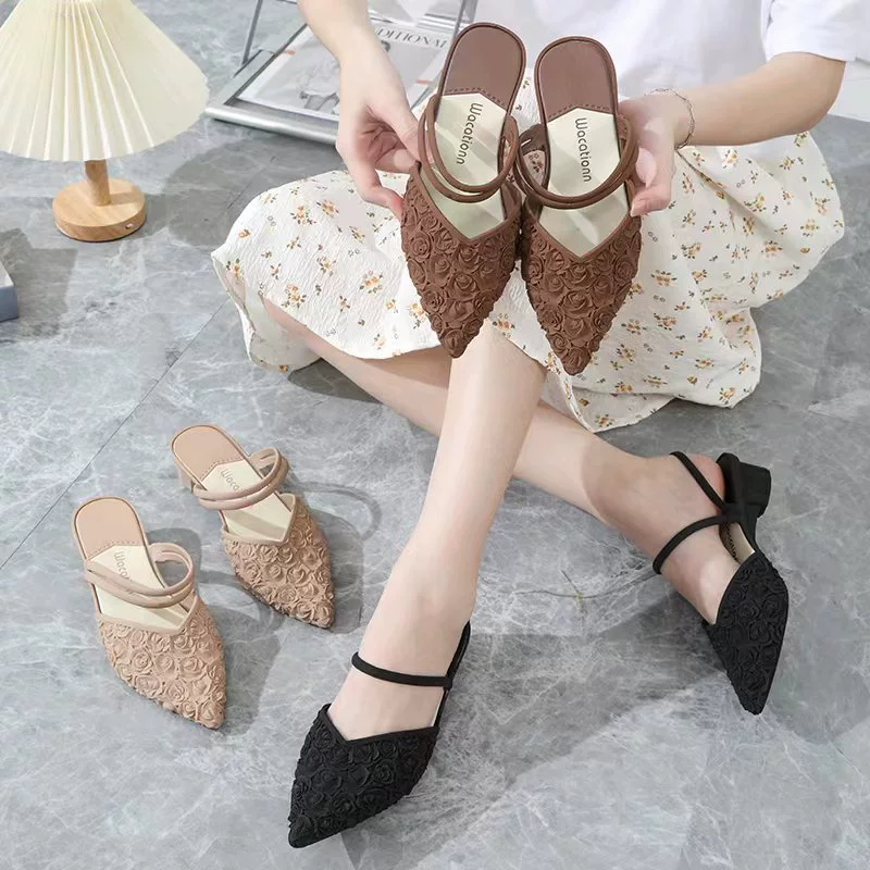 Ж women's slingback с низким блоком каблука, водостойкая пластиковая обувь, верх из цветочков с острым носком, EU 36–40
