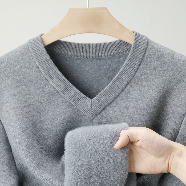 厂家批发男士纯色毛衫一体绒秋冬季新款V领加绒轻奢毛衣跨境代发