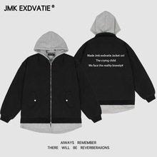 JMK EXDVATIE美式潮牌撞色假两件字母印花夹克外套街头宽松中性风