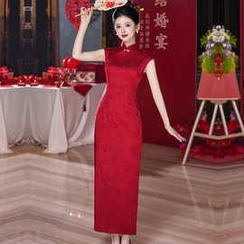 新式旗袍2025秋款中国风优雅气质长款醋酸显瘦修身连衣裙红色喜庆