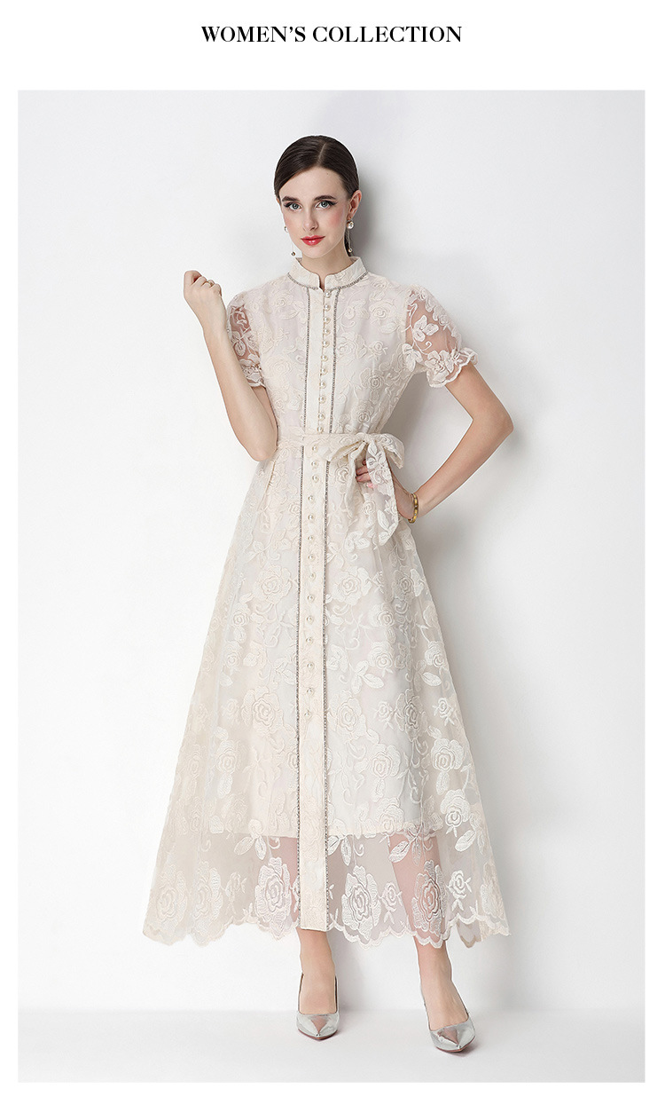 Đầm maxi nữ thêu ren họa tiết rỗng, tay ngắn, cổ tròn, thắt eo, dài qua gối — xanh lam, màu hồng, màu mơ chi tiết 20