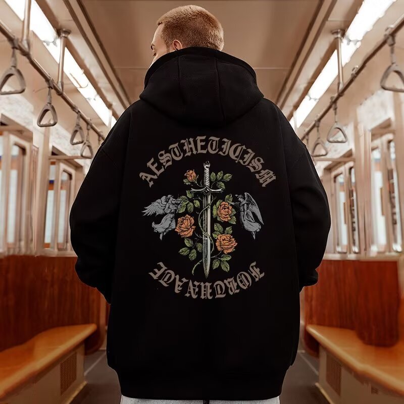 Extra Large Size 150kg Velvet Sweatshirt Men's Hooded Autumn and Winter Trendy Brand Loose Top Rose Print Jacket