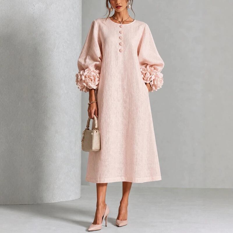 2026 Amazon independent store: French-style, three-dimensional floral lantern-sleeve cotton and linen midi dress 2026 Amazon independent store: French-style, three-dimensional floral lantern-sleeve cotton and linen midi dress