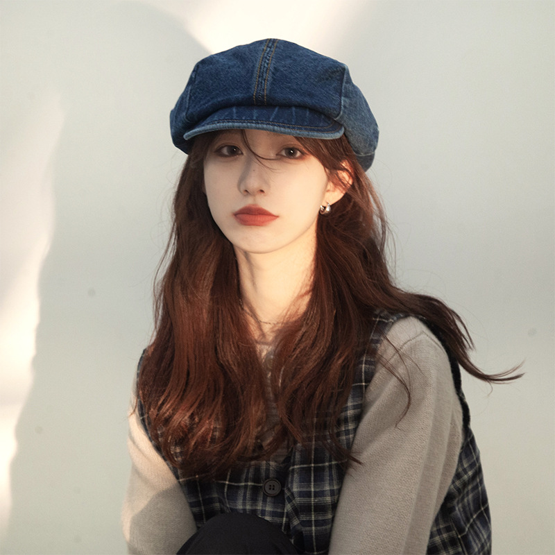 Coreano retro sólido vaquero boina de cabeza grande cara pequeña pintora versátil sombrero de nubes de ocho ángulos sombrero de moda