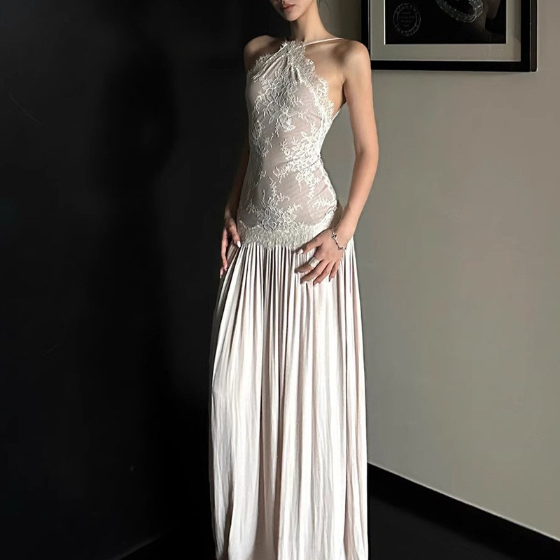 Cross-Border Lace Patchwork Suspender Dress for Women, Summer Elegant Socialite Style, High-End Feel, Waist-Cinching, Backless, Sleeveless Long Dress