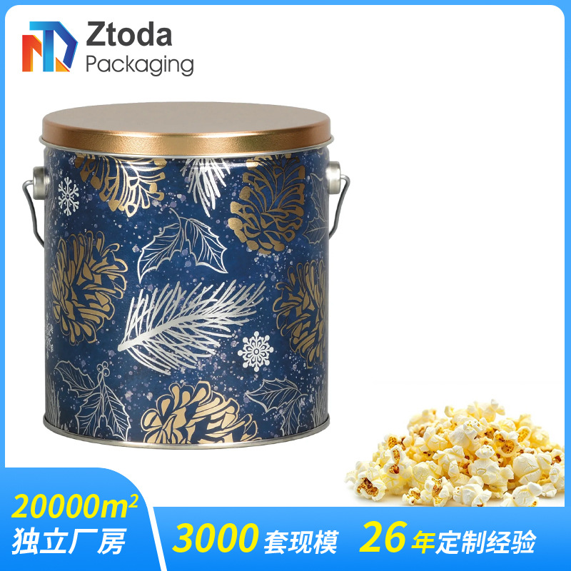 圆形铁皮爆米花桶手提电影院爆米花铁桶1加仑圣诞饼干爆米花铁桶