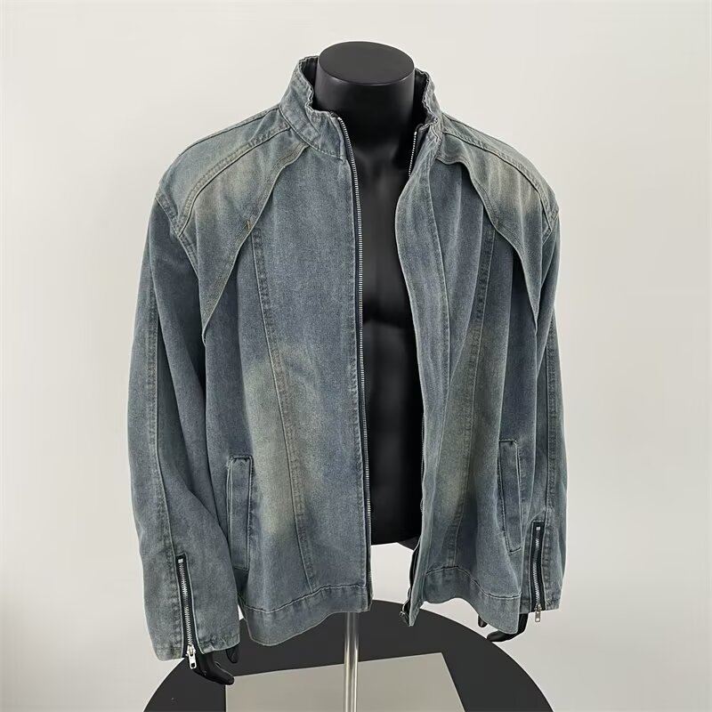 Cross-Border American Retro Washed Blue Stand-Up Collar Denim Jacket Men's Handsome Loose Zipper Jacket Top Mingyi