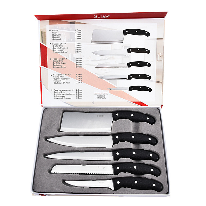 Cuchillo de acero inoxidable Kit de cuchillo de cocina 5 piezas Kit de cuchillo de corte de carne Cuchillo de cocinero caja de regalo