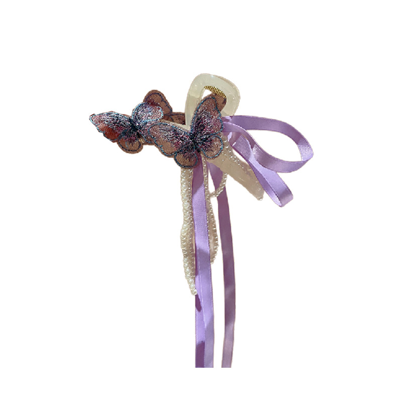 New Chinese Style Butterfly Pearl Ribbon Tassel Hairpin Mori Style Back of Head Disc Shark Clip Elegant Chinese Style Hair Accessories