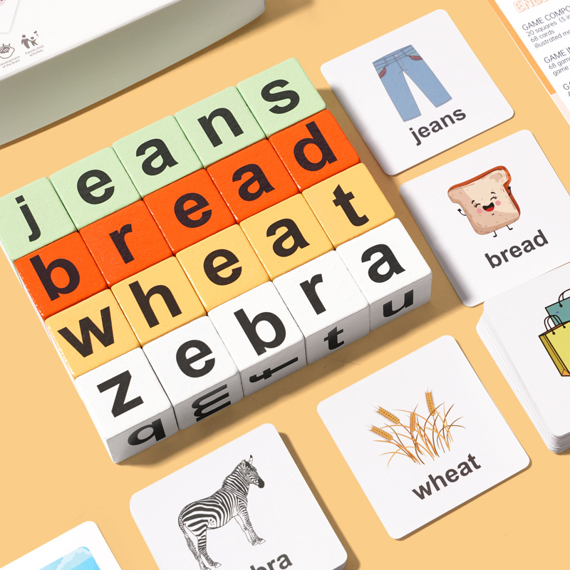 Tarjeta de palabra en inglés para niños juguete de palabra de madera Montessori Educación temprana carta cubo batalla de varias personas Juego de mesa