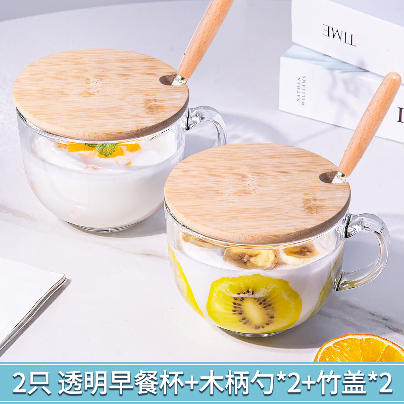 2 transparent breakfast cups + 2 bamboo lids + 2 wooden handle spoons